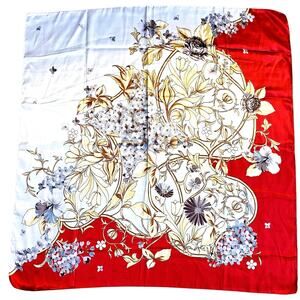 Luxurious Silk Feel Scarf Large 35" Square Red Gray Gold Floral Lux Elegant Wrap